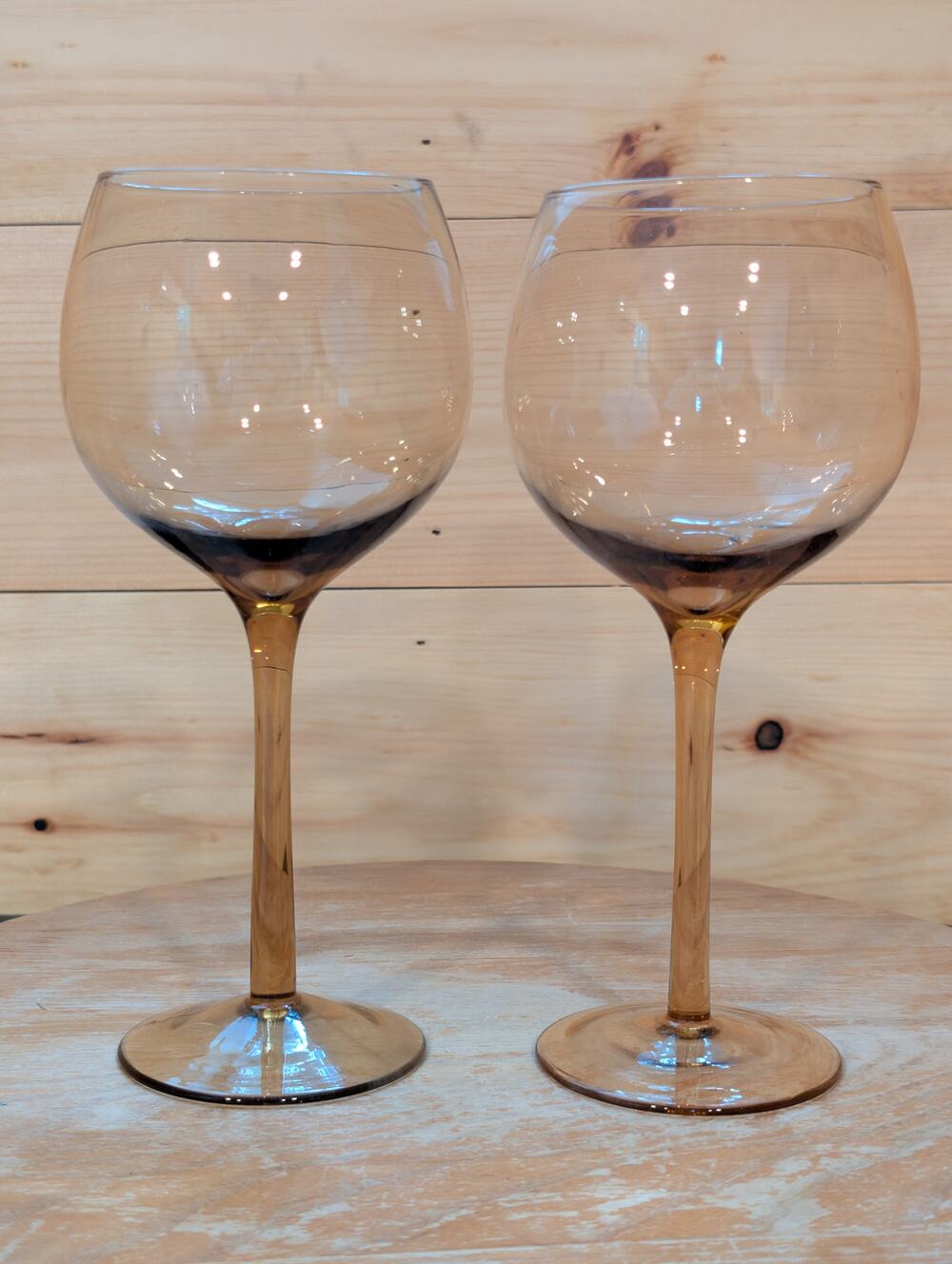 Set of 2 Amber Balloon Wine Glasses Large Stemware Vintage Style 8⅜"